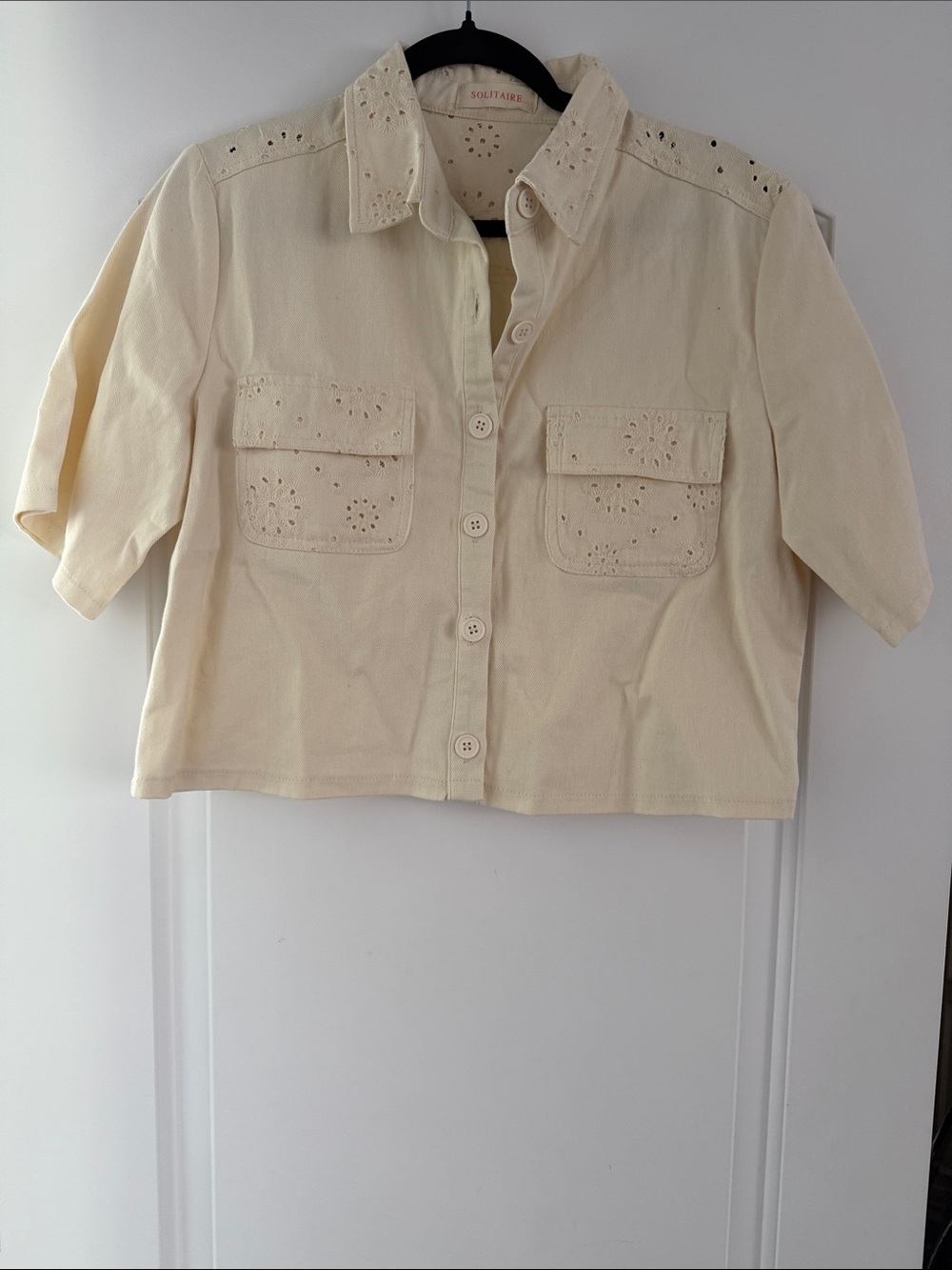 Solitaire Cream Eyelet Cropped Button-Front Top